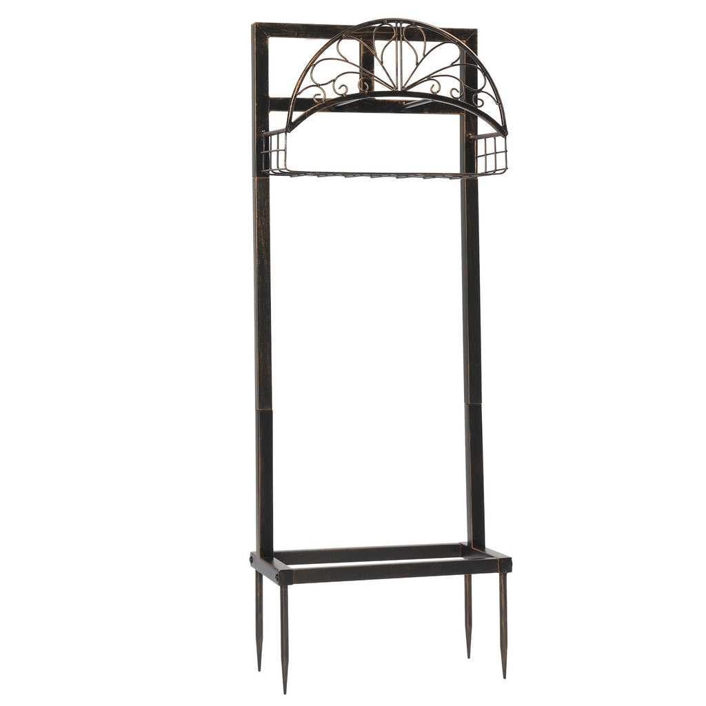 Garden Hose Holder, Water Hose Holder Stand with Storage Basket, Heavy Duty Freestanding Garden Hose Hanger Storage Rack with 4 Spikes for Outside Yard Lawn Farm, Bronze