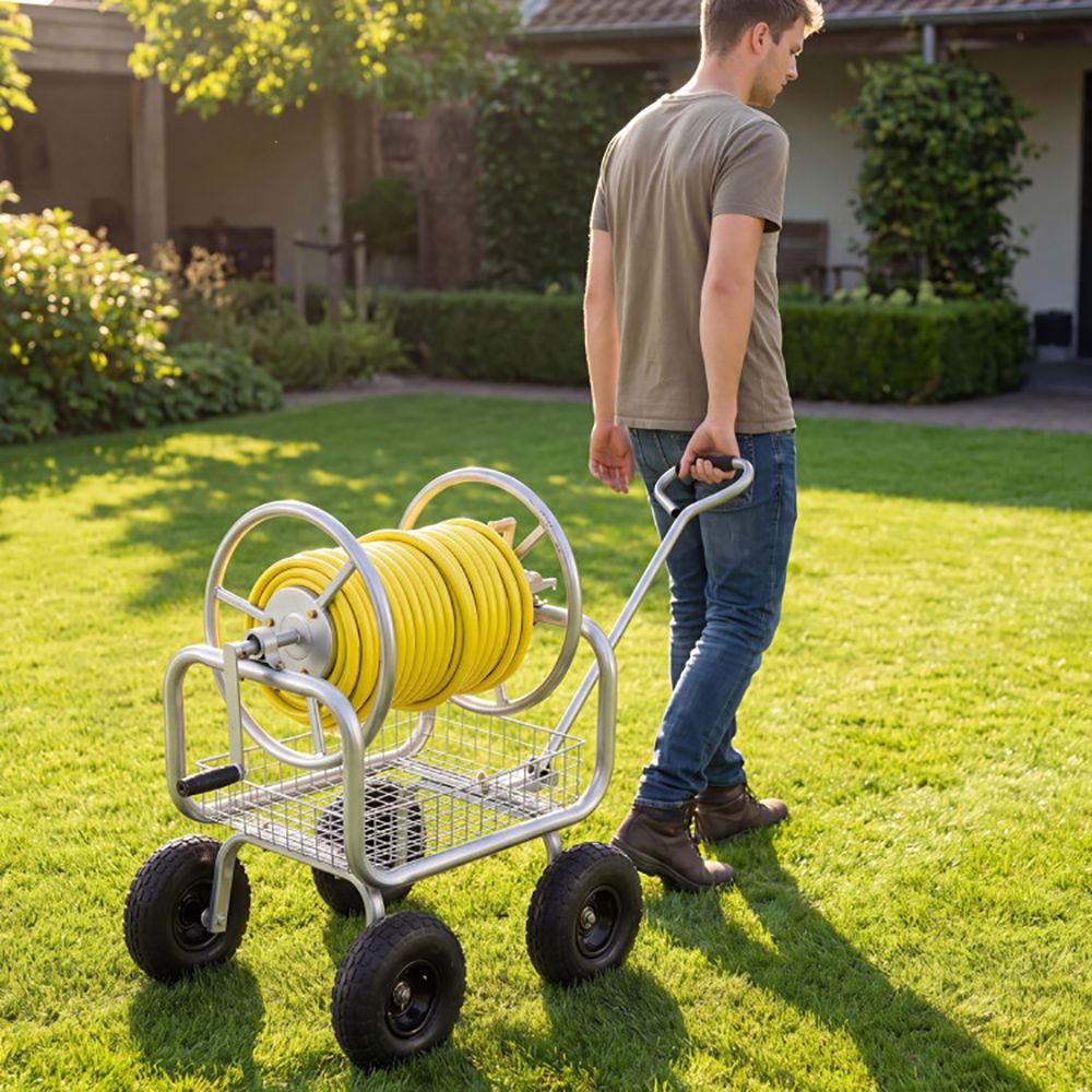 Garden Hose Reel Cart 300 Feet Large Capacity with 4 Wheels and Storage Basket
