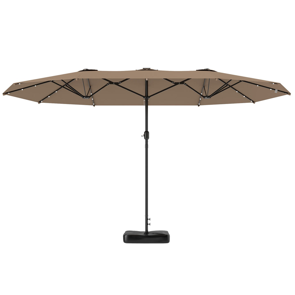 Garden Parasol 14.4 ft. Double-Sided Sun Umbrella with Base, Patio Parasol with LED Solar Lights, Khaki