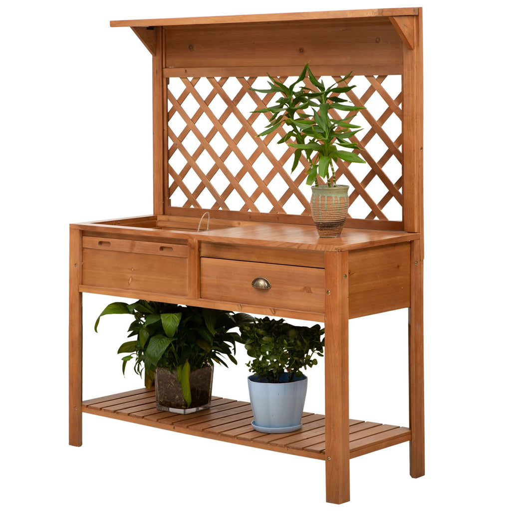 Garden Potting Bench Outdoor Wooden Workstation with Metal Screen Drawer Hooks Storage Shelf Lattice Back