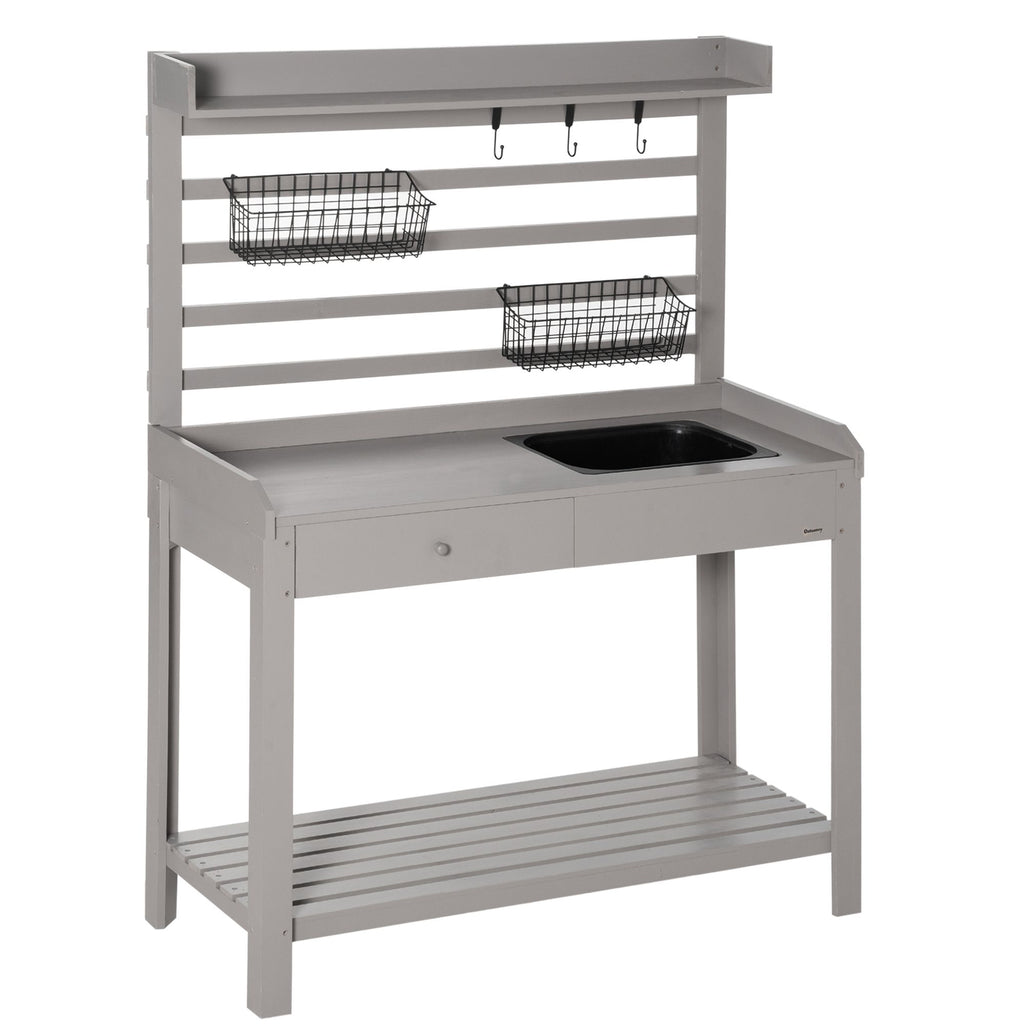 Garden Potting Bench Table with Metal Sieve Screen Removable Sink Hooks Baskets Grey