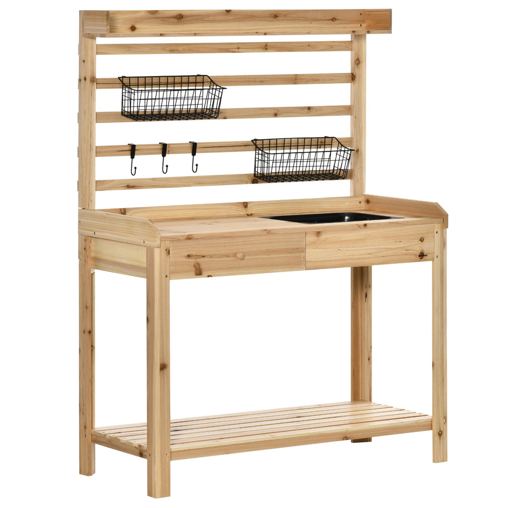 Garden Potting Bench Table Workstation with Metal Sieve Screen Sink Hooks Natural