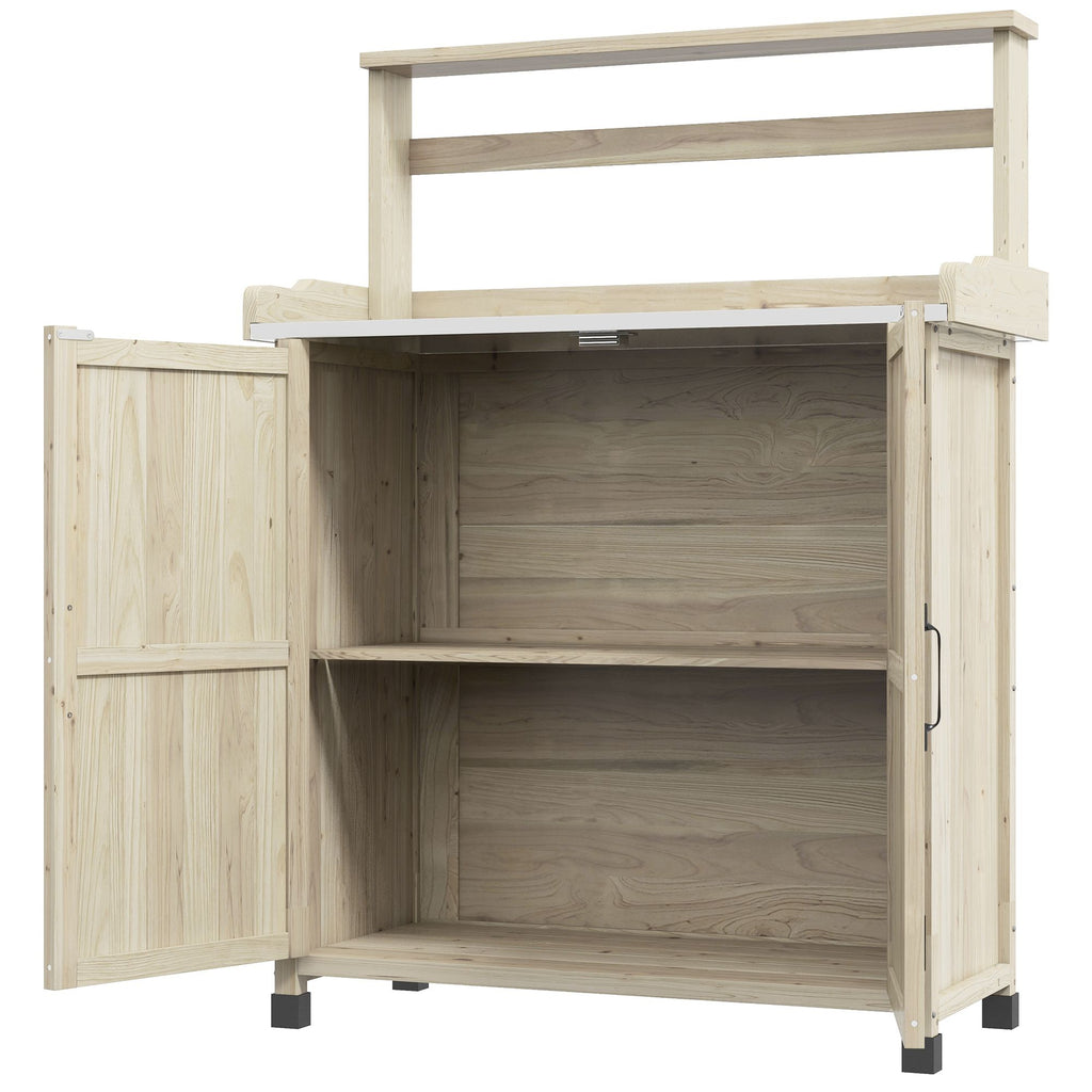 Garden Potting Bench with Storage & Shelves, Natural Finish, Galvanized Tabletop, Rubber Foot Covers for Stability