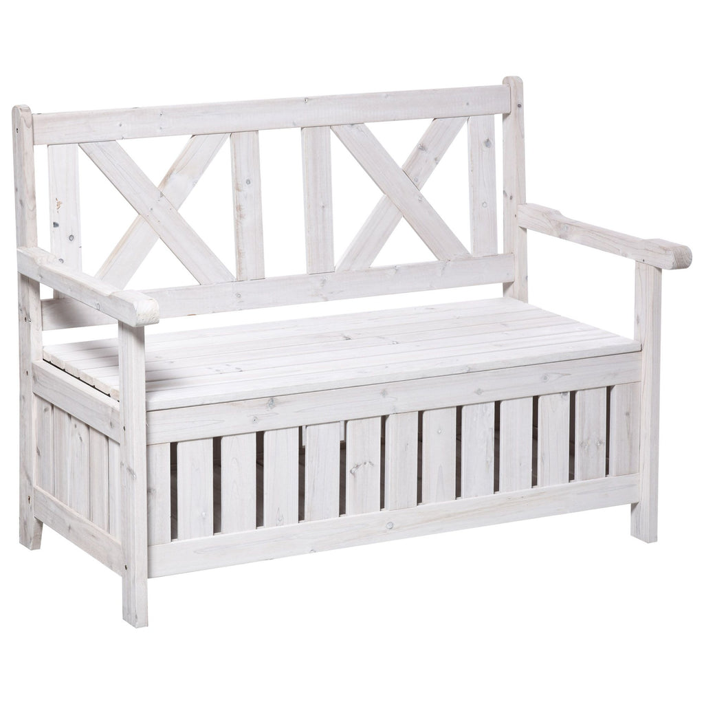 Garden Storage Bench 2-Seater Outdoor Deck Box with Elegant Design Louvered Panels Solid Wood White