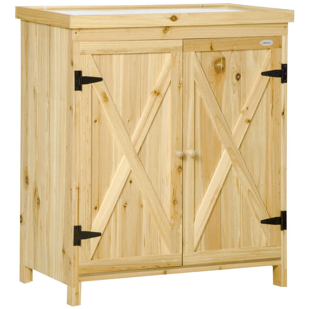 Garden Tool Shed Outdoor Storage Cabinet Galvanized Top 2 Shelves Natural