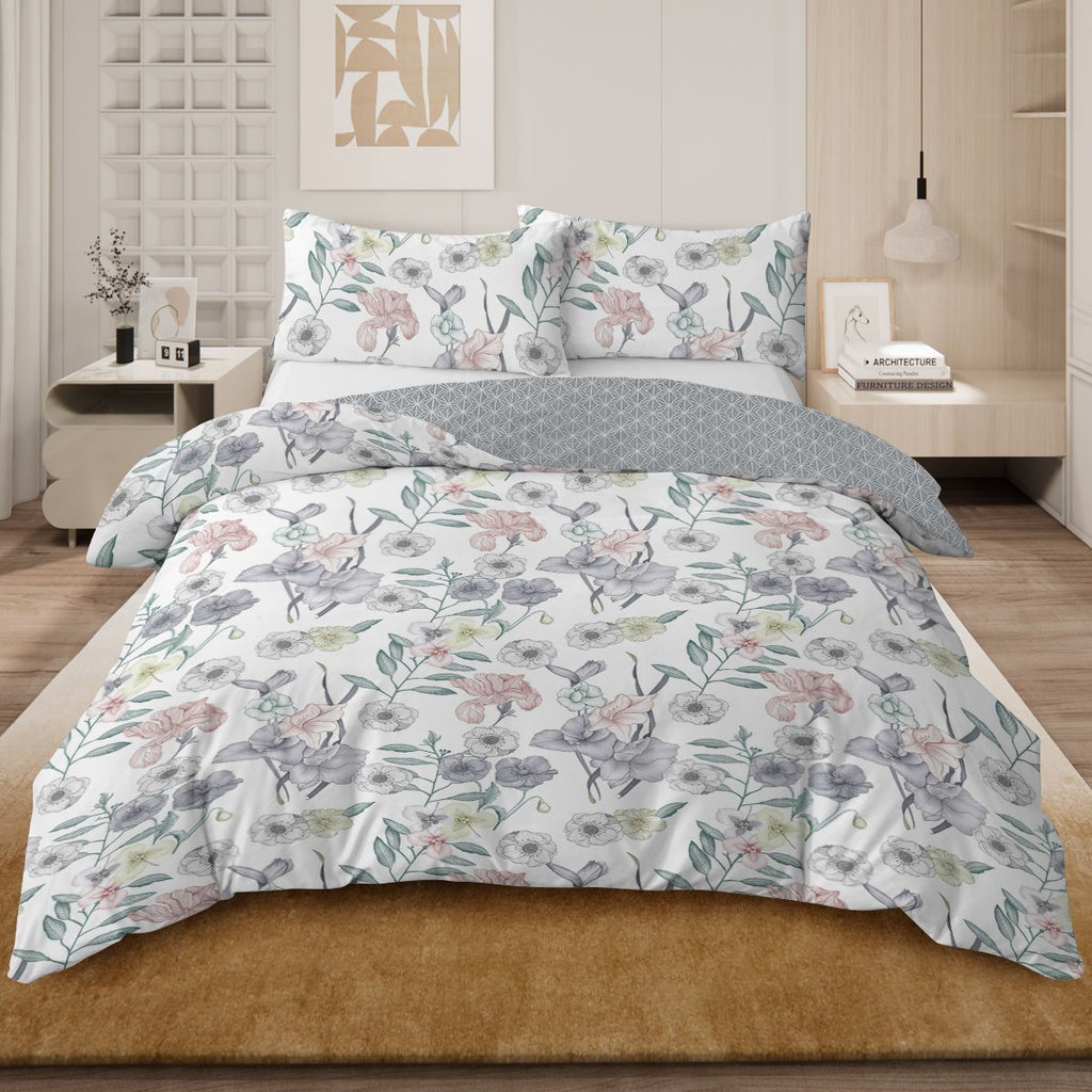 Girls Duvet Cover Full Floral Aesthetic Bedding Sets Gray Pink Flower Duvet Cover Set Teens Flower Kids Reversible Comforter Cover with Botanical Leaf for Women Adult