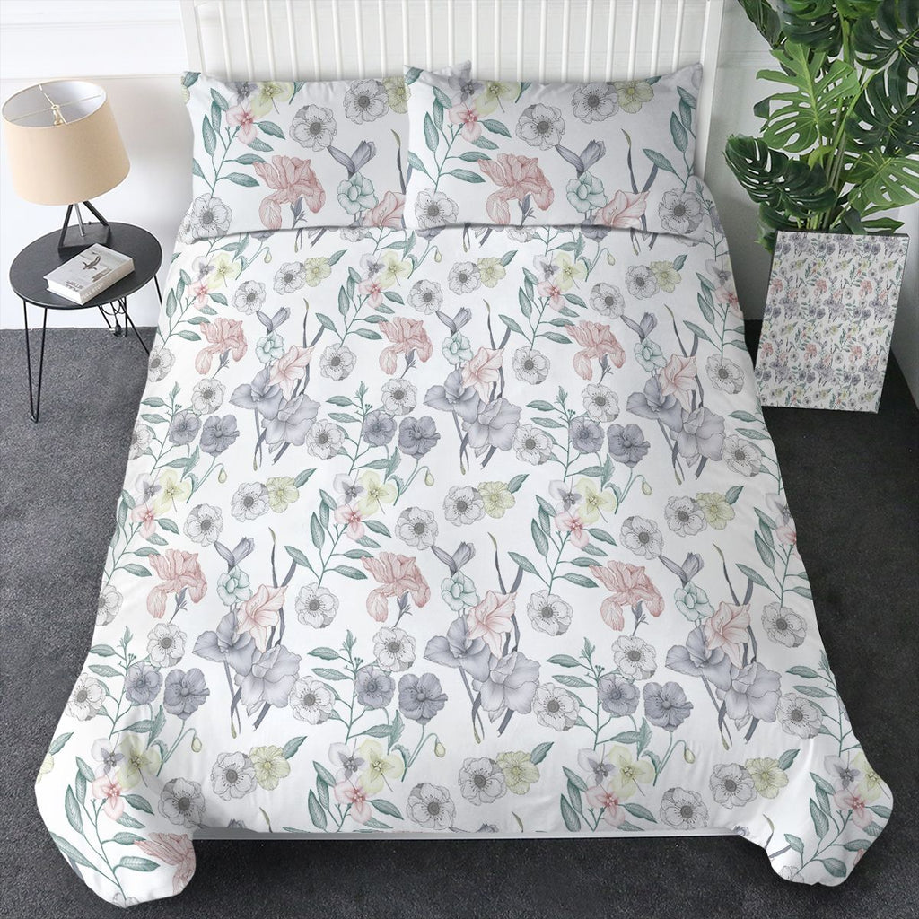 Girls Duvet Cover Twin Floral Aesthetic Bedding Sets Gray Pink Flower Duvet Cover Set Teens Flower Kids Reversible Comforter Cover with Botanical Leaf for Women Adult