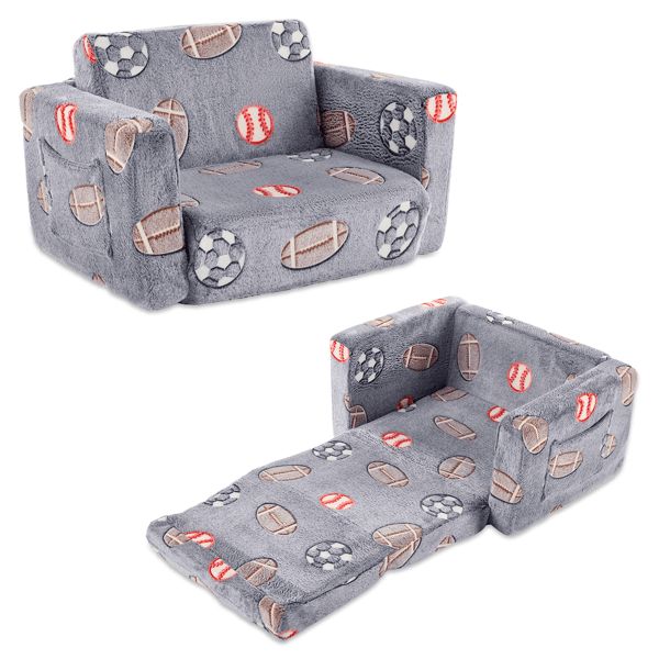 Glow-in-the-Dark Kids Foldable Sofa Bed All-Sponge Single Chaise Lounge Grey-Blue Ball Pattern Flannel