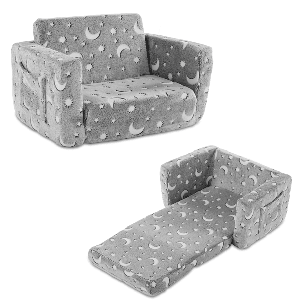 Glow-in-the-Dark Kids Foldable Sofa Bed All-Sponge Single Chaise Lounge Light Grey Star & Moon Flannel