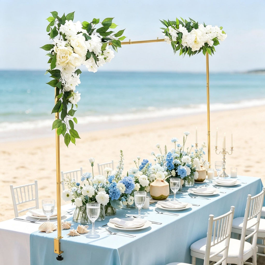 Gold Balloon Frame Over the Table Rod Stand, Adjustable 28 to 98 Inch Length and 13 to 42 Inch Height, Table Arch Stand with Clamps and Floral Accessories for Wedding Birthday Party Christmas