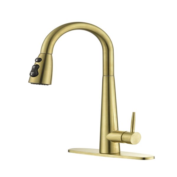 Gold Kitchen Faucets with Pull Down Sprayer; Kitchen Sink Faucet with Pull Out Sprayer; Fingerprint Resistant; Single Hole Deck Mount; Single Handle Copper Kitchen Faucet;