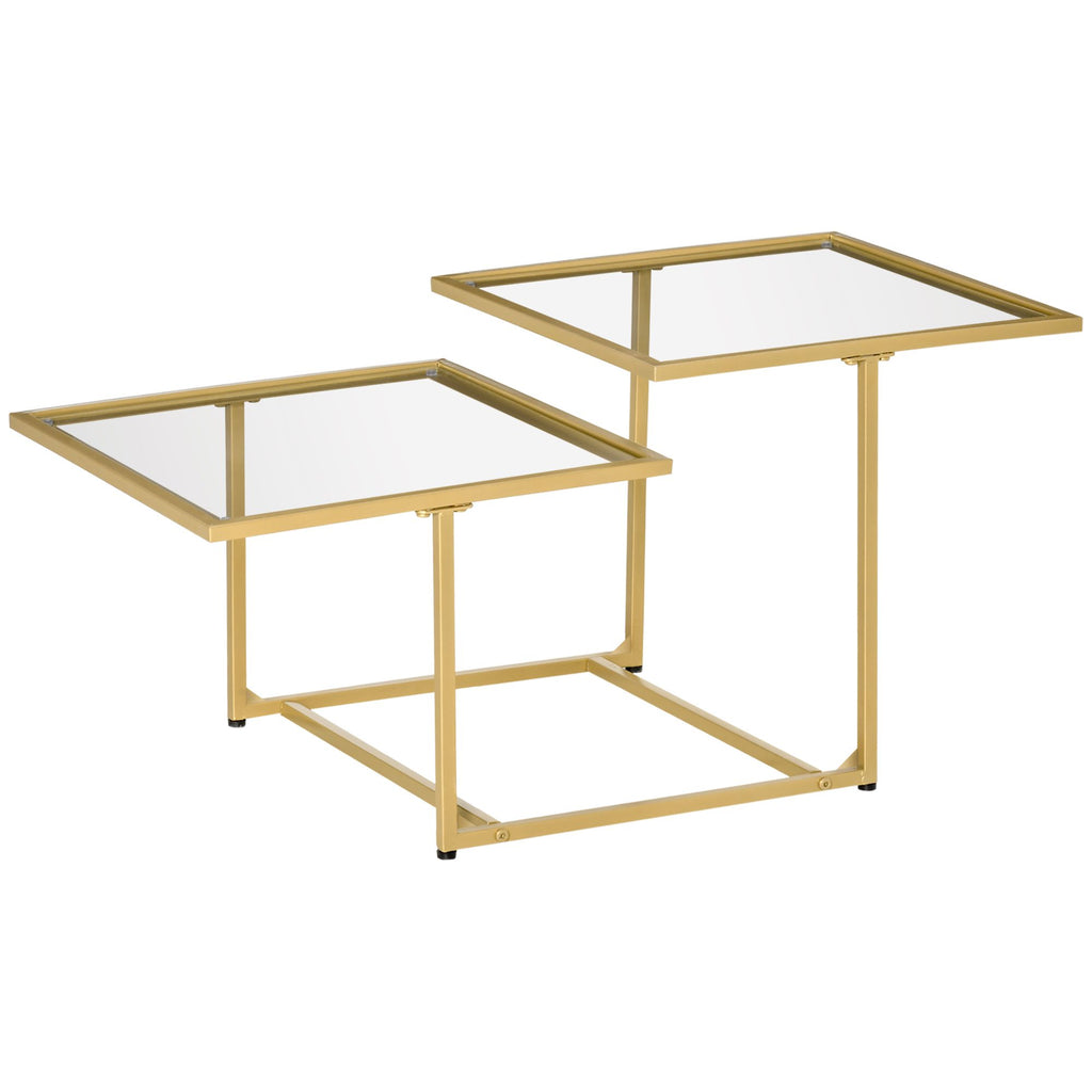 Gold Side Table Small Glass Coffee Table Double Tabletops Tempered Metal for Living Room Gold Clear