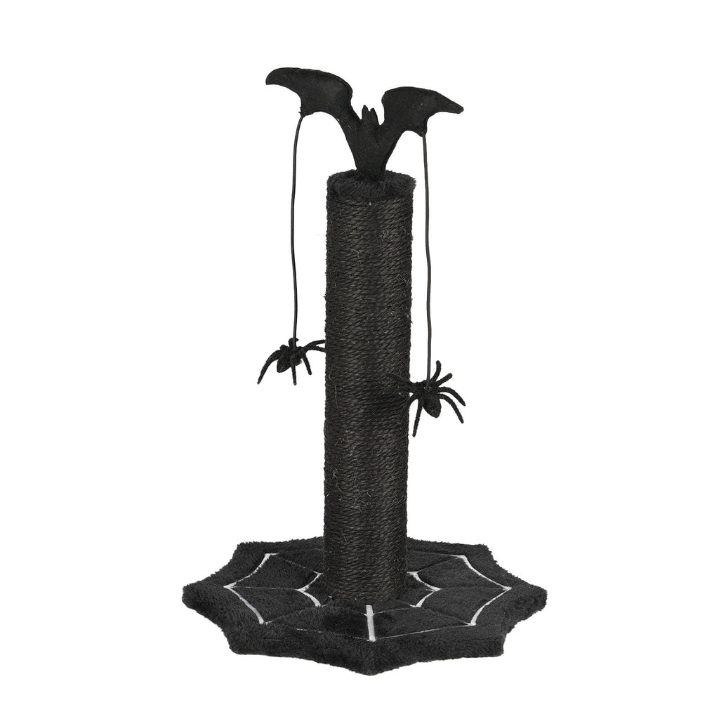 Gothic Cat Scratching Post with Spider Dangling Toys for Indoor Cats, Halloween Spooky Cat Scratcher with Cobweb Base, Black