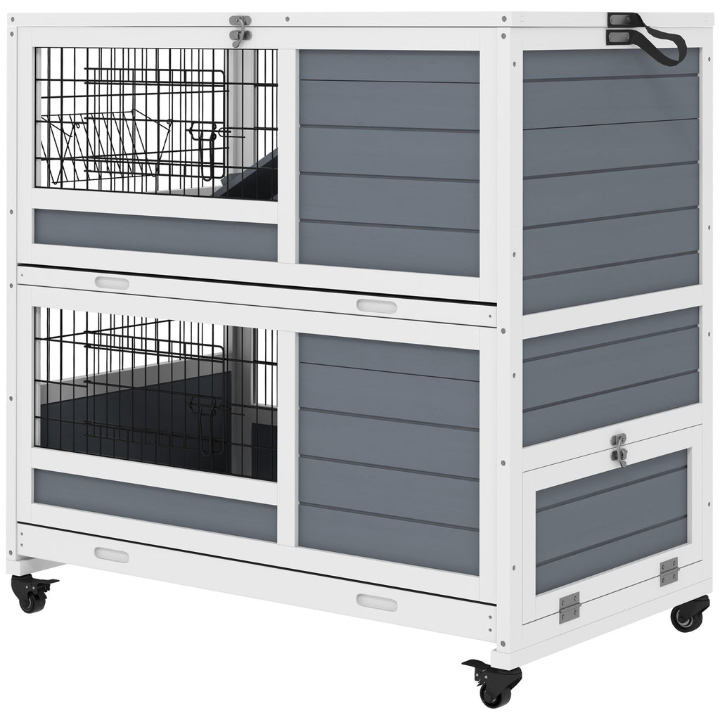 Gray 2-Tier Indoor Rabbit Hutch with Wheels & Feeding Trough, Bunny House for Small Animals