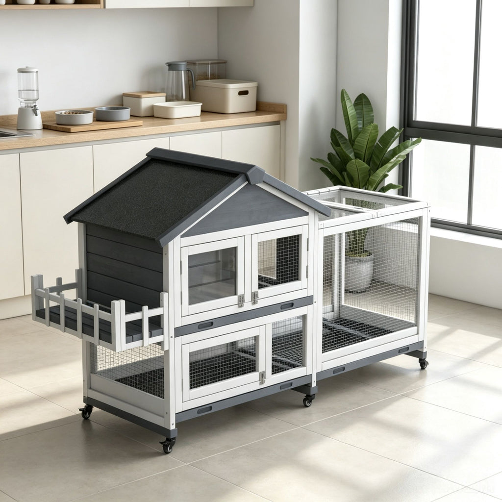 Gray 65" Spacious Wooden Rabbit Hutch: Pet Playpen with Openable Roof for Easy Access & Storage Box for Rabbits