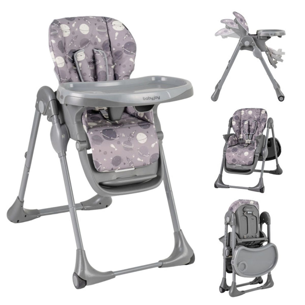 Gray Baby High Chair Adjustable Height/Backrest/Footrest Foldable with Wheels
