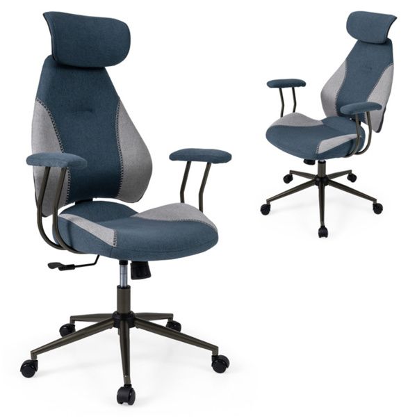 Gray Blue Color Blocking Office Chair with 2D Adjustable Headrest, Ergonomic High-Back Desk Chair 330 lbs Capacity