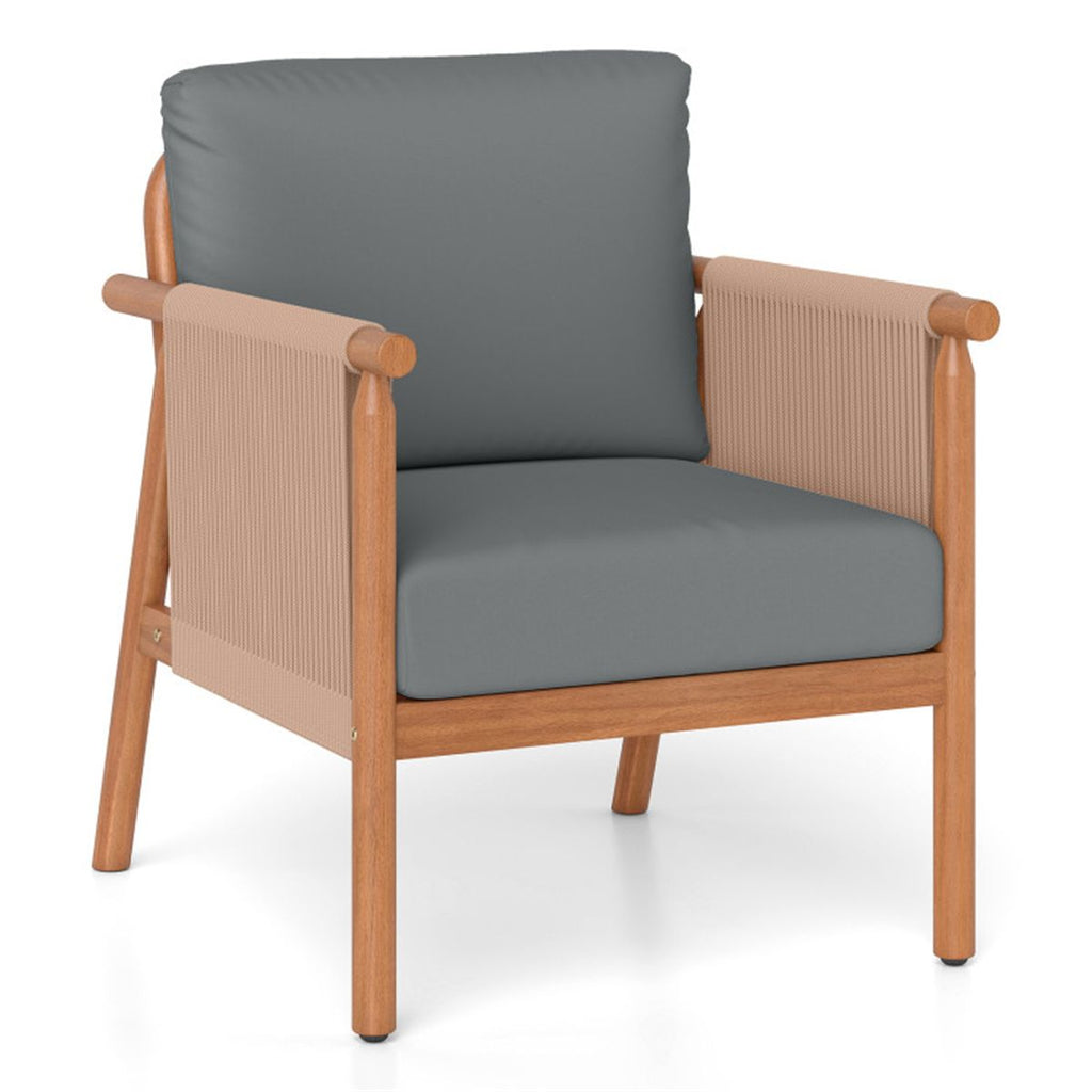 Gray Boho Patio Acacia Wood Chair with Woven Rope Armrests, Cushioned Outdoor Accent Chair for Porch Balcony