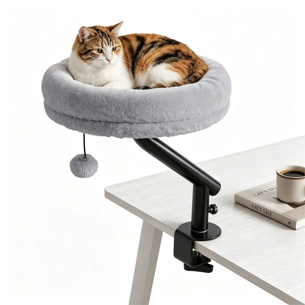 Gray ClampOn Desk Cat Bed Perch, 360 Rotatable Elevated Cat Bed with Removable Faux Fur Cover & Dangling Ball, HeavyDuty Metal Desk Mount Cat Bed for Home Office Gaming Desk