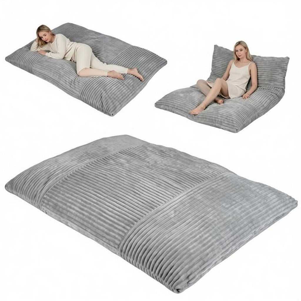 Gray Convertible Corduroy Bean Bag Floor Sofa for Adults, 76.5x55 Inch Sponge Filling Foldable Floor Mattress Guest Bed, Removable Washable CoverLarge Lazy Lounger