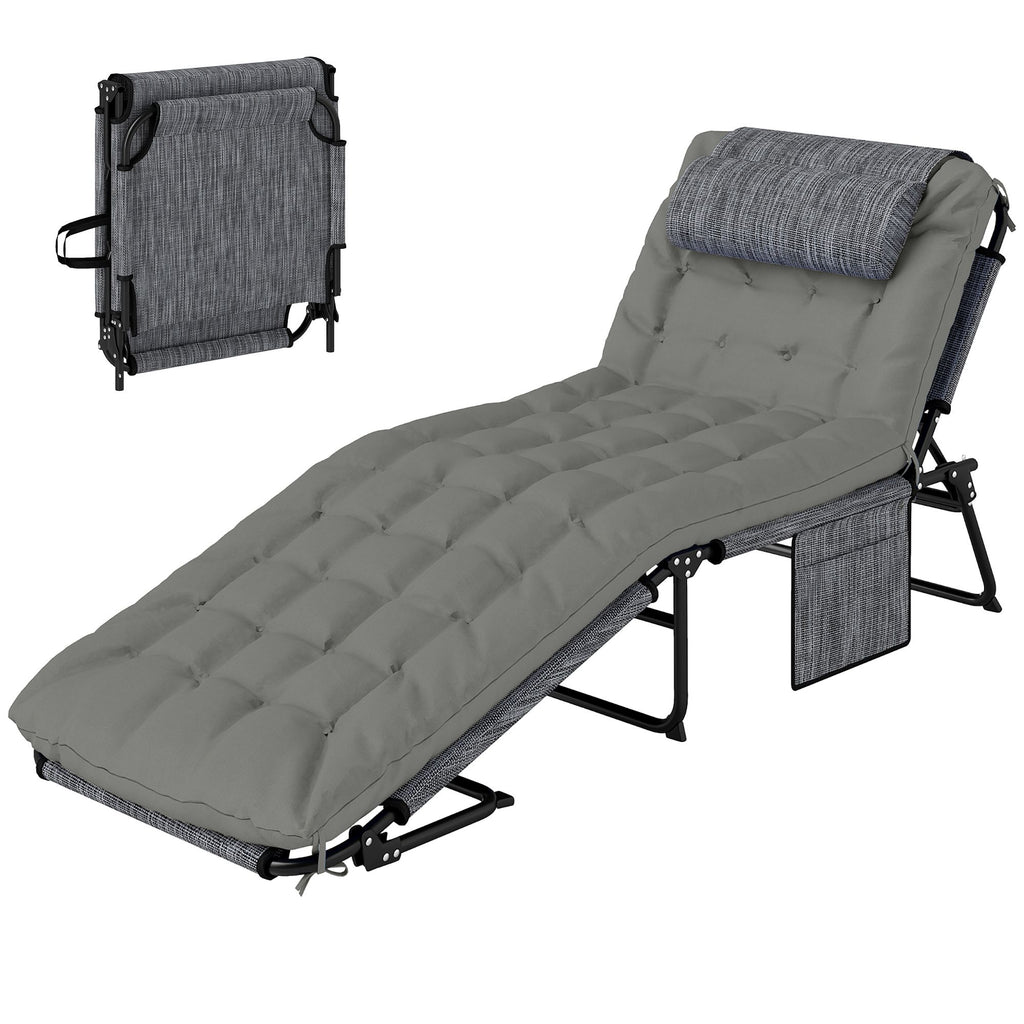 Gray Folding Chaise Lounge Chair with 4-Level Reclining Back Breathable Mesh Fabric Cushion Headrest for Outdoor