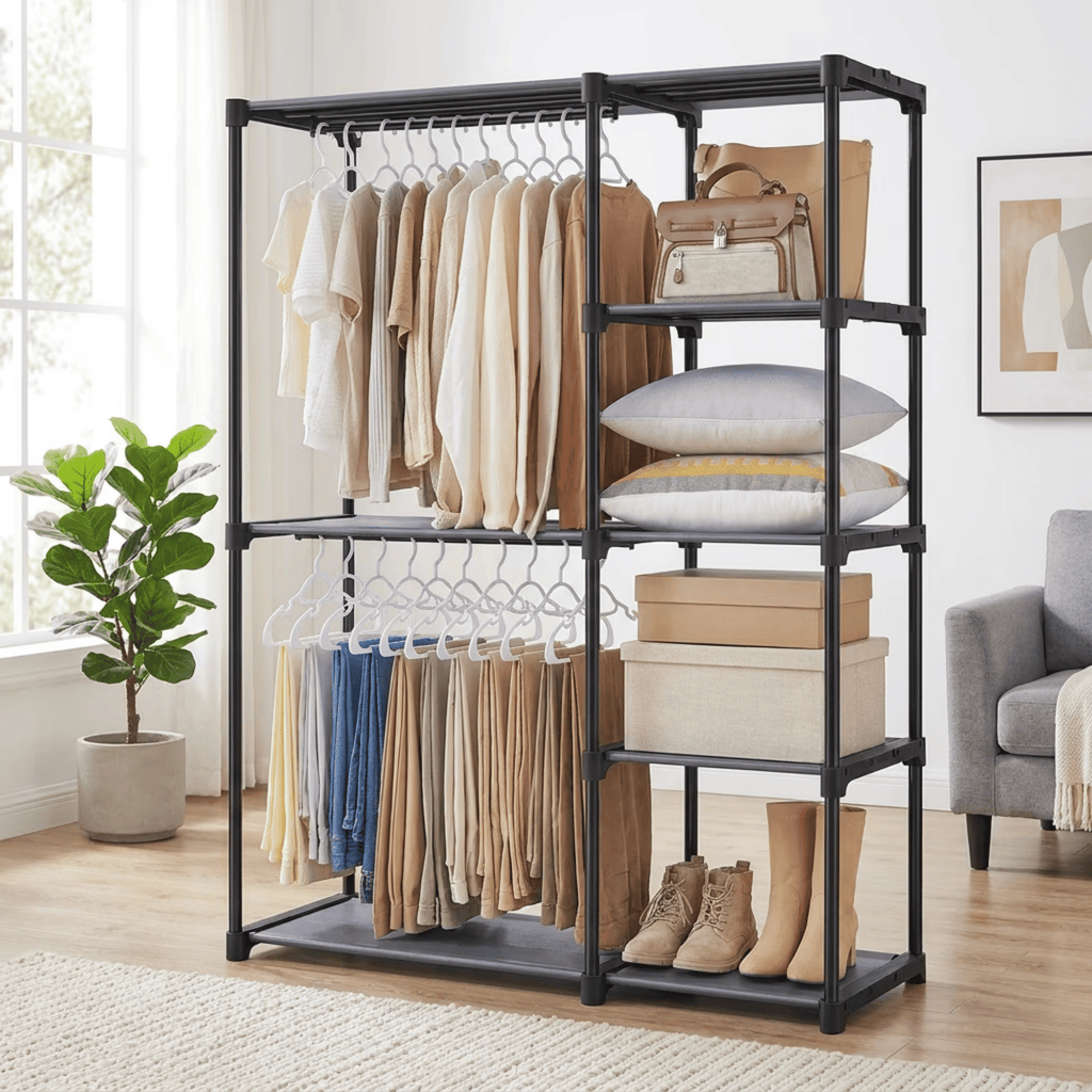 Gray Freestanding Closet Organizer, Portable Wardrobe Rack with 4 Shelves & 2 Hanging Rods, Steel