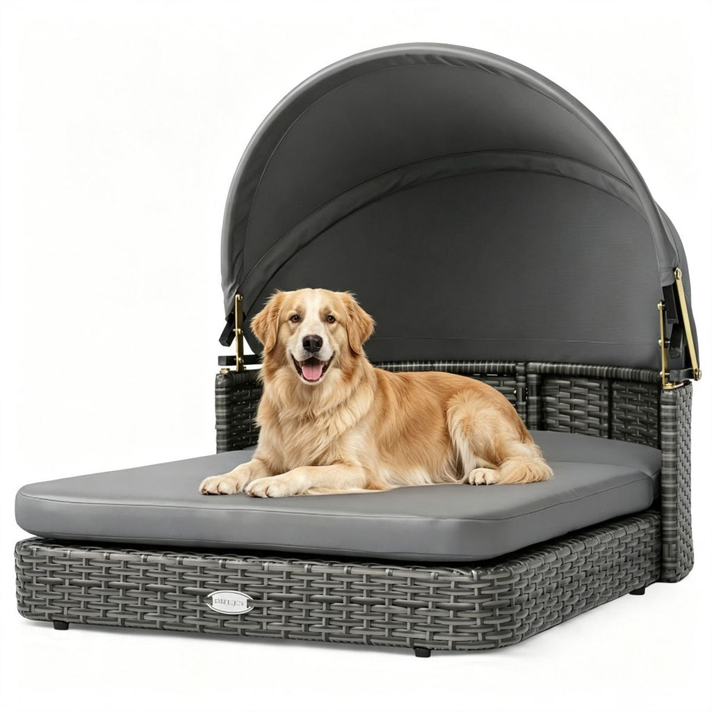 Gray Hand-Woven PE Rattan Dog Bed with Adjustable Canopy, Elevated Outdoor Pet Daybed with Washable Plush Cushion, Anti-Slip Breathable Pet Shelter for Indoor Patio Garden