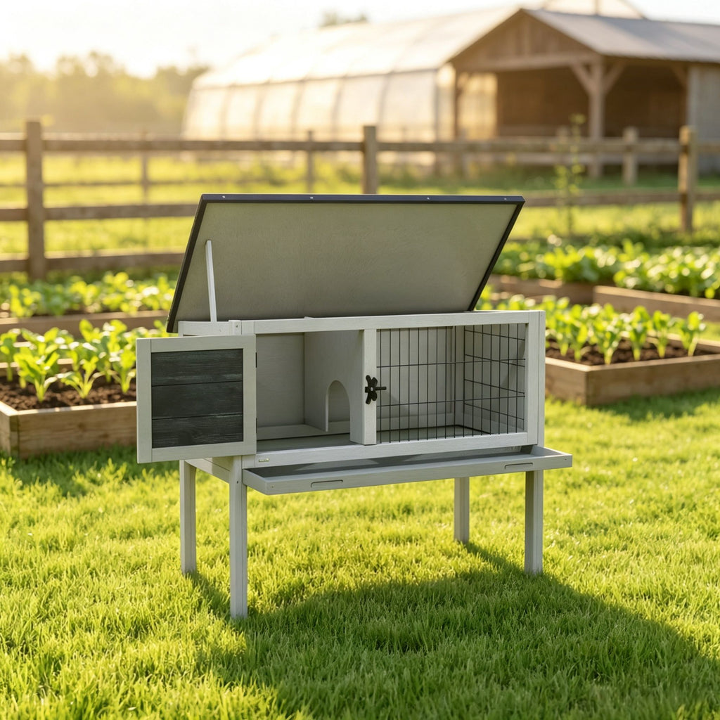 Gray Indoor/Outdoor Elevated Rabbit Hutch Wooden Bunny Cage with Hinged Asphalt Roof & Removable Cleaning Tray