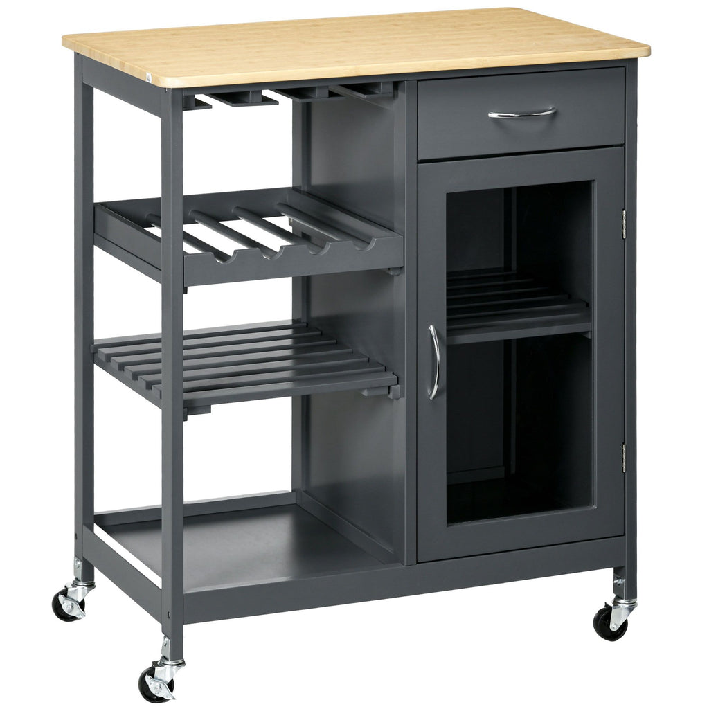 Gray Kitchen Island Cart, Rolling Utility Cart with Wine Rack, Shelves & Cabinet