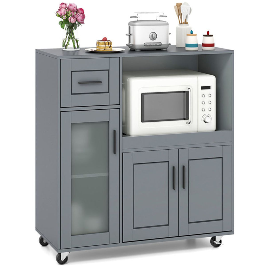 Gray Kitchen Island Cart with Microwave Shelf, Drawer & 2-Door Cabinet, 360° Swivel Casters