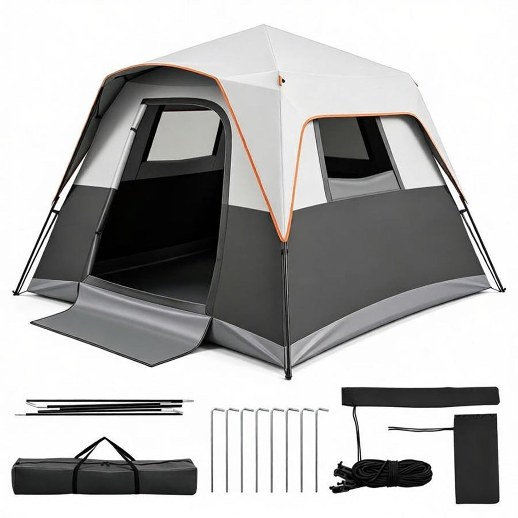 Gray Light-Blocking Outdoor Cabin Tent, Large 9x9ft Interior Windproof Rainfly Tent with Carry Bag Ground Stakes Ropes for Family Group Camping