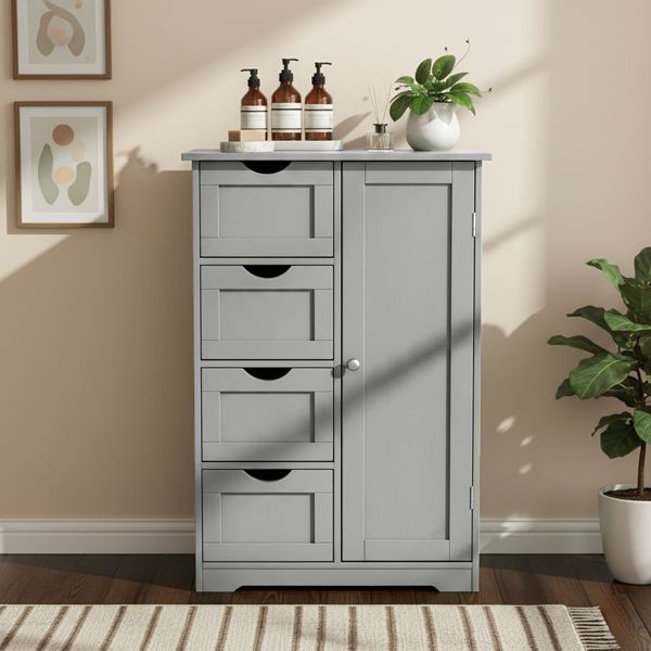 Gray MDF with melamine veneer, 56*30*80cm, 4 drawers, 1 door, bathroom vanity