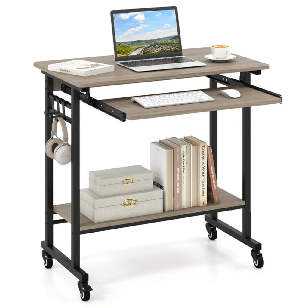 Gray Mobile Computer Desk with Keyboard Tray & Storage Shelf, 360° Lockable Casters for Home Office