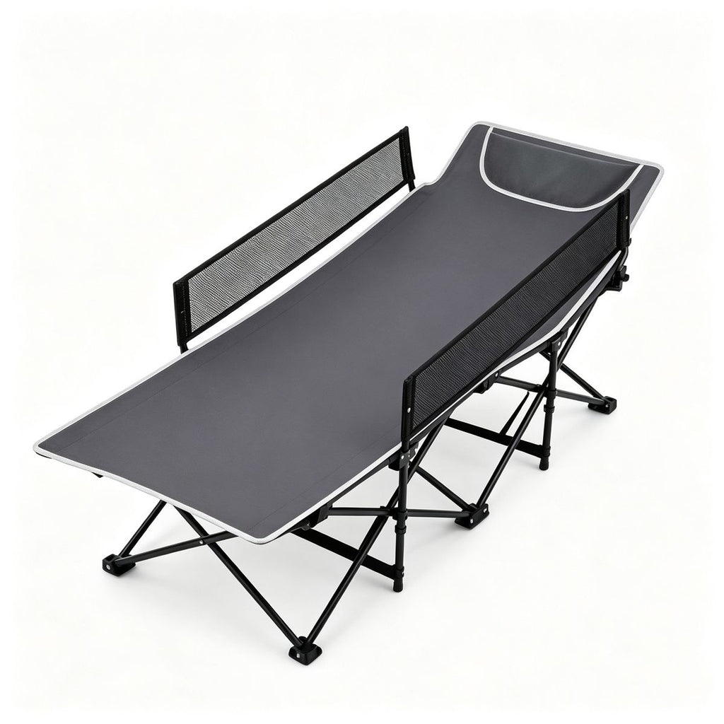 Gray No-Assembly Portable Toddler Camping Bed, Elevated Foldable Kids Sleepover Cot with Anti-Roll Mesh Baffles Stable Support Frame, Lightweight Travel Sleeping Bed for Daycare Home Outdoor Camping