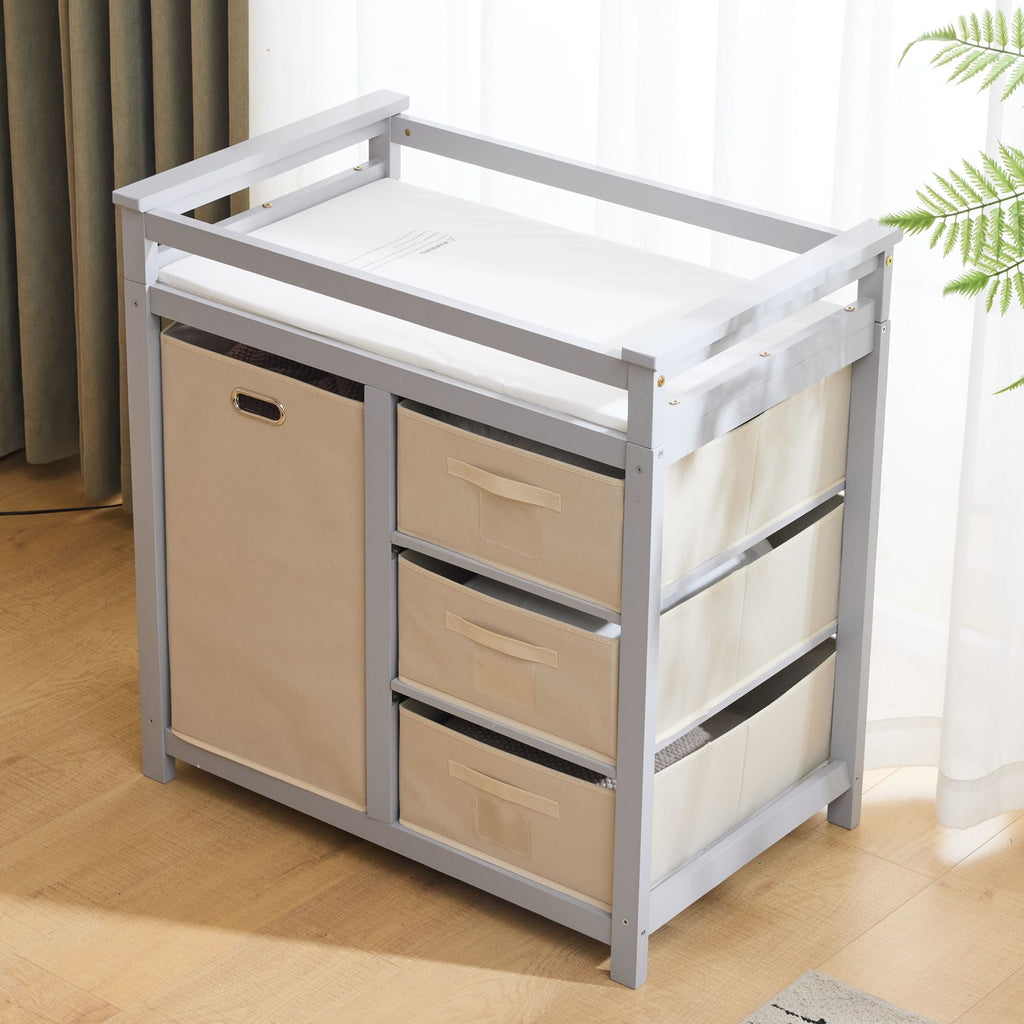 Gray painted pine wood frame children's bed with removable top, 87*53*87.5cm, includes 3 fabric drawers and 1 fabric bag, and a changing table