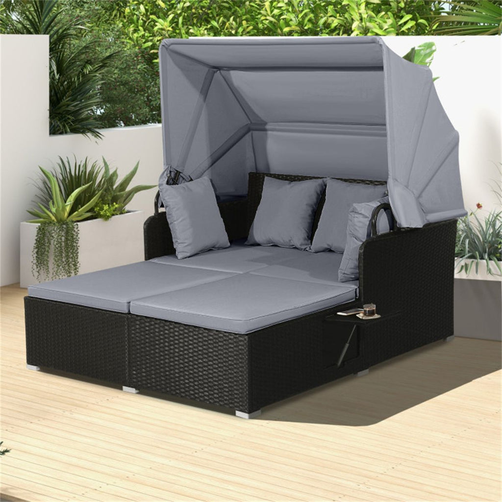 Gray Rattan Daybed Lounge W/ Retractable Top Canopy Side Tables Cushions