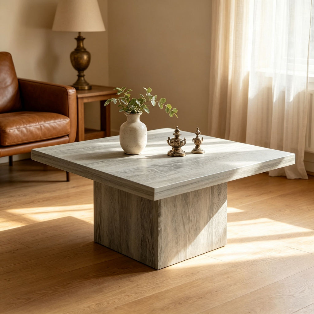 Gray Wood Grain Center Table Square Coffee Table with 1.6" Thick Sturdy Tabletop
