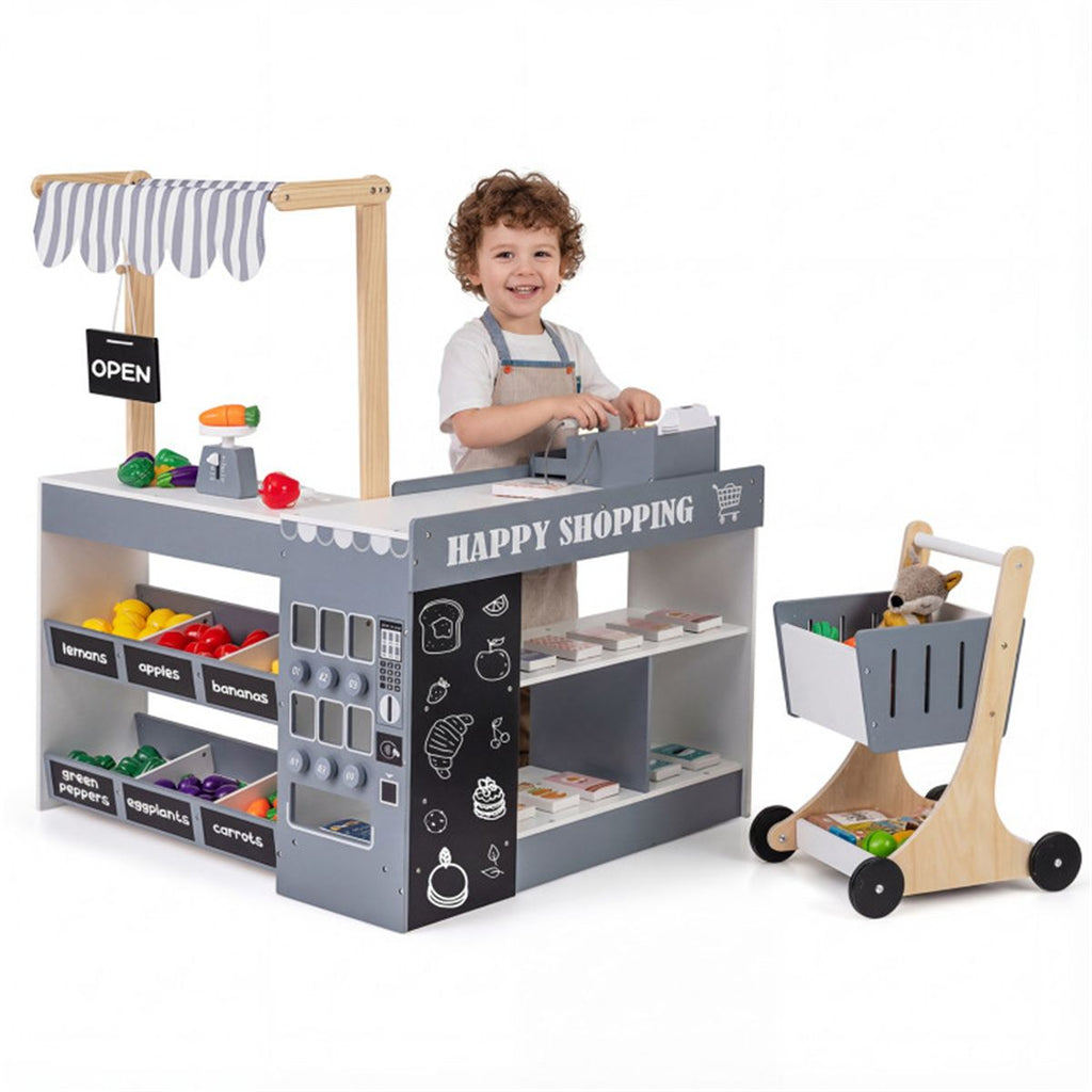 Gray Wooden Kids Supermarket Playset with Vending Machine, 90.17×78.74×104.14cm Grocery Store Toy with Shopping Cart for 3+