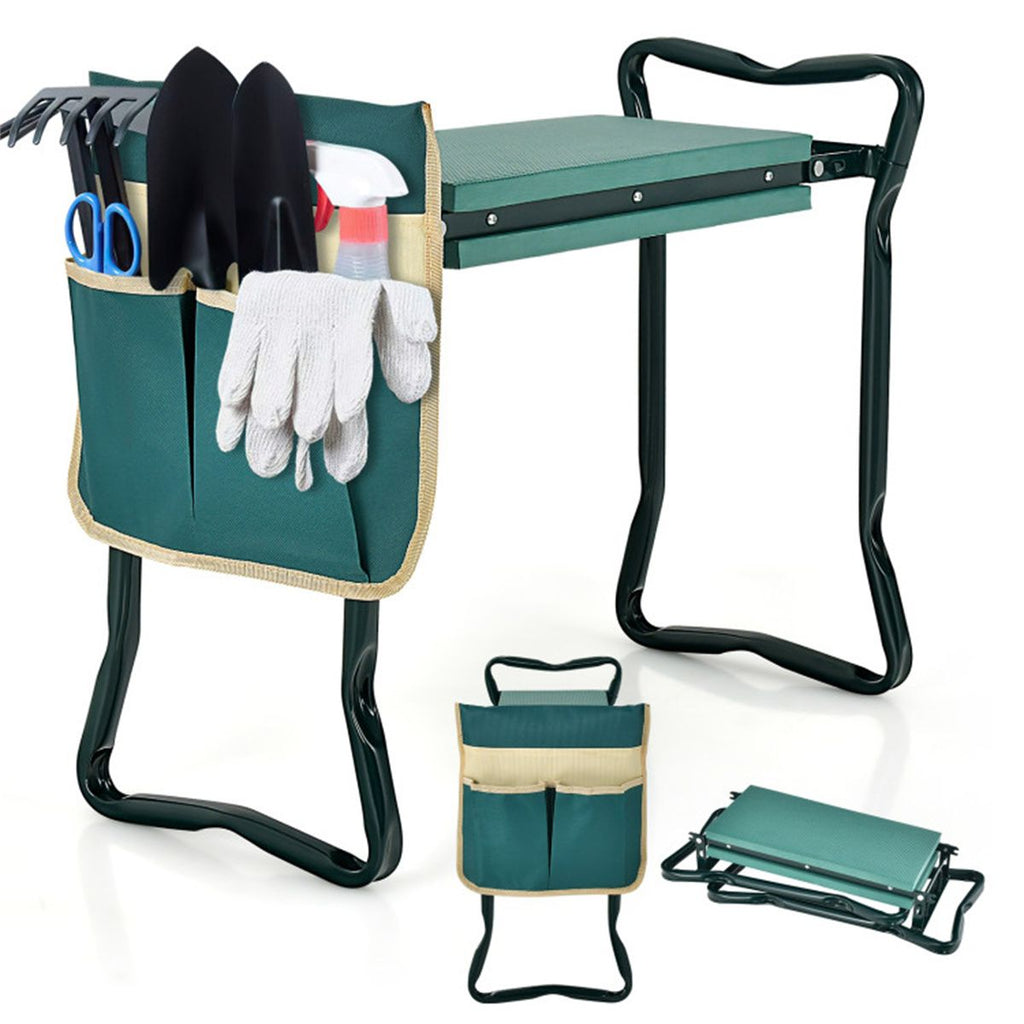 Green 2-in-1 Garden Folding Stool Kneeler, 300LBS Capacity & Built-in Tool Pouch, Comfortable EVA Seat
