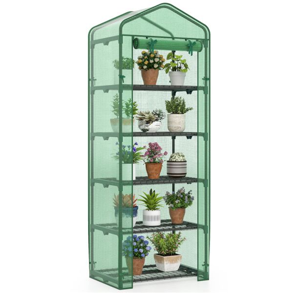 Green 5-Tier Mini Greenhouse with PE Grid Cover, Tool-Free Assembly Portable Grow Tent for Indoor Outdoor Use