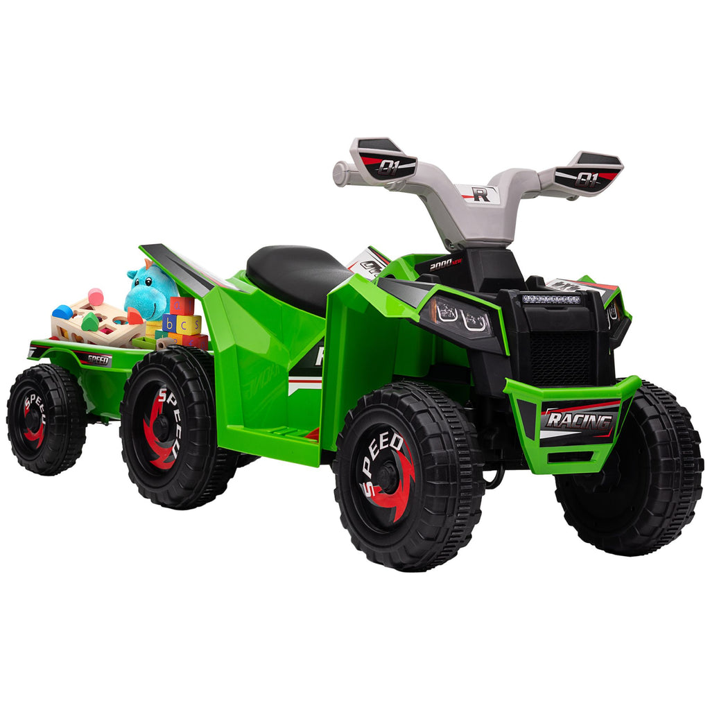 Green Battery Operated Kids Car 6V with Trailer for Ages 18-36 Months Forward Backward Wear-Resistant Wheels