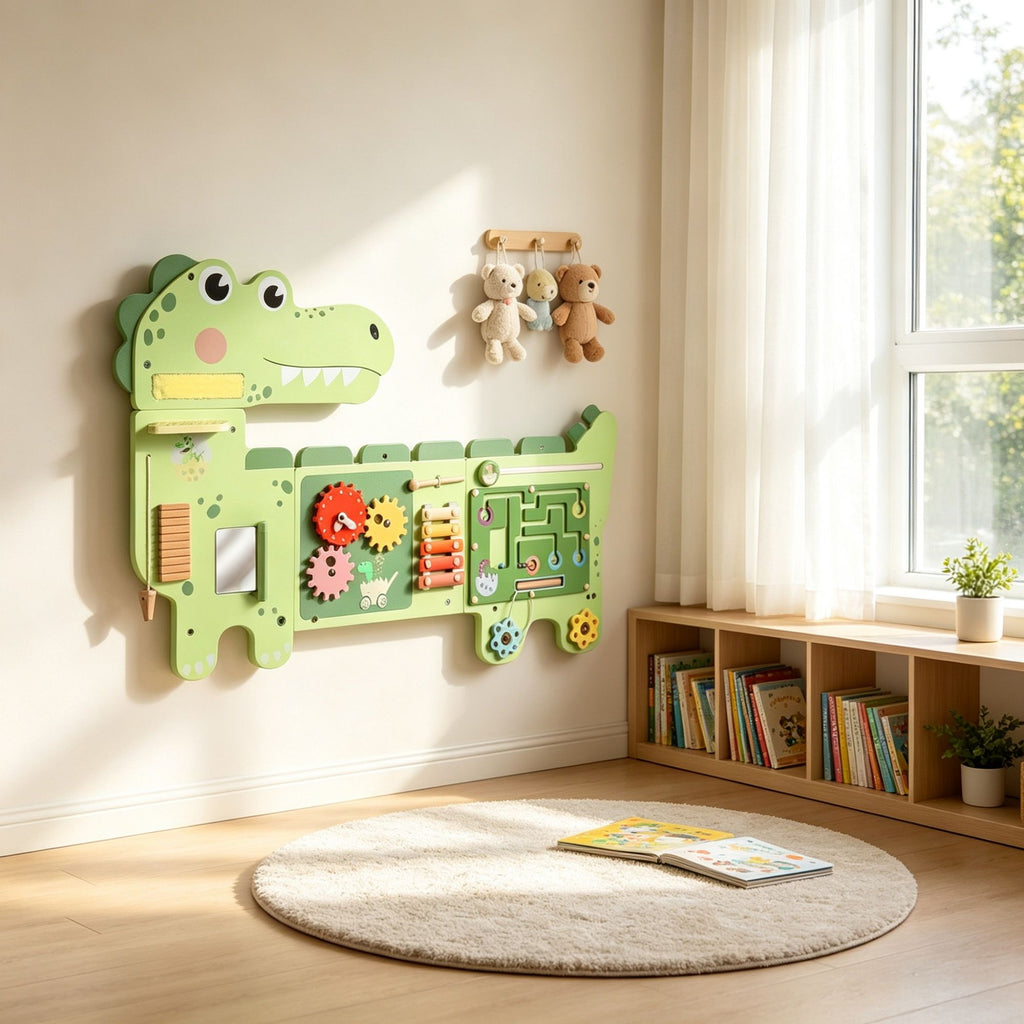 Green Dinosaur Wall-Mounted Sensory Toys Montessori MDF Sensory Wall 87x52x5.5cm