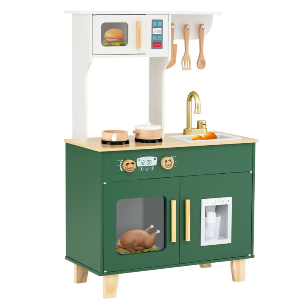 Green Kids Play Kitchen with Realistic Faucet & Ice Dispenser, Anti-Tipping Pretend Cooking Set for Ages 3-6