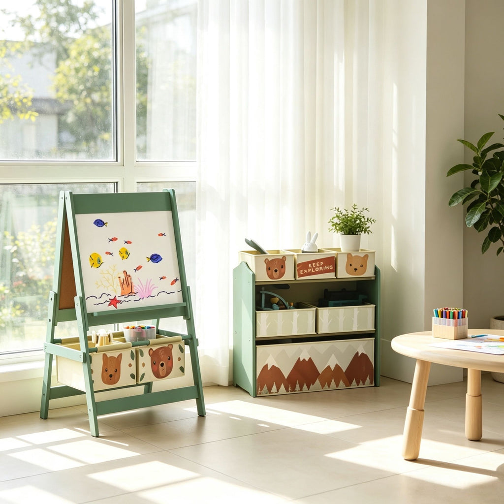 Green Kids Toy Organizer & Easel Set 6 Storage Bins, Blackboard Whiteboard for Playroom Ages 3-8