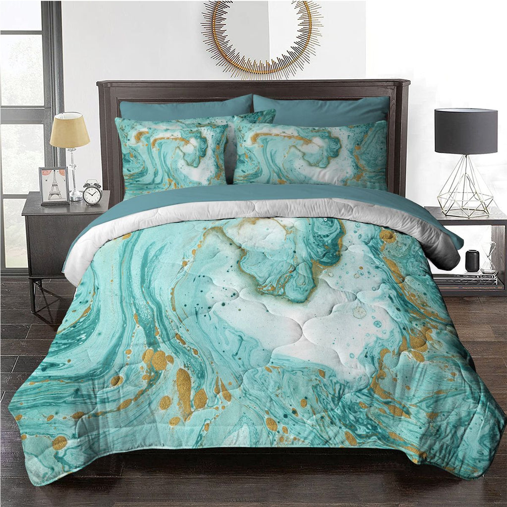 Green Marble Comforter Set 8 Piece Turquoise Chic Girly Gold Marble Bed in A Bag Twin Size Complete Set Modern Abstract Marble Bedding for Kids Girls Women (Twin)