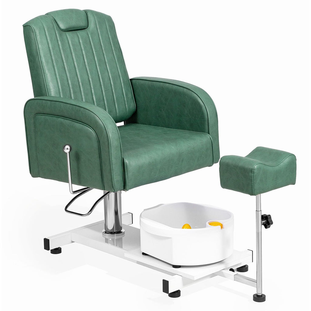 Green Pedicure Chair, PVC Upholstery with Iron Frame, Manual Recline, Equipped with Footrest & Foot Basin