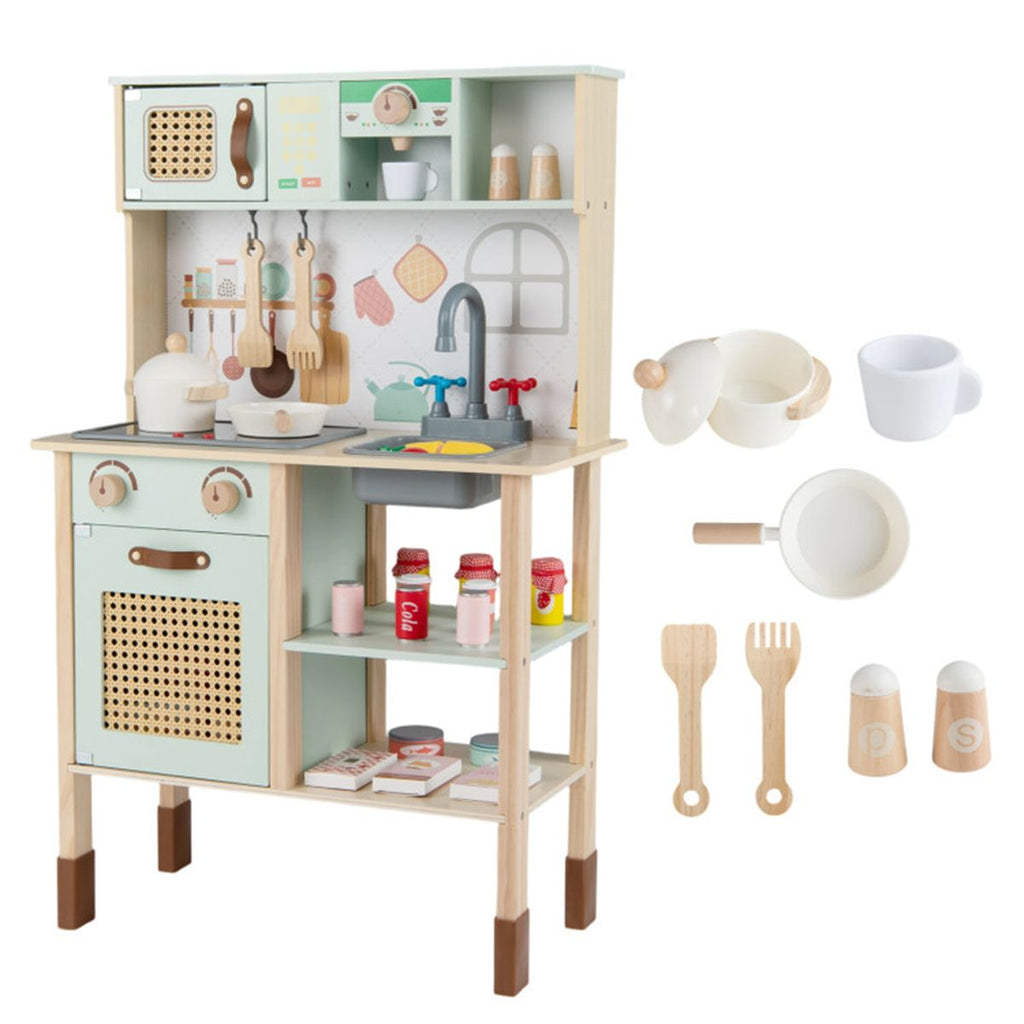 Green wooden children's play kitchen, interactive light/sound stove, with microwave/oven/blackboard storage options