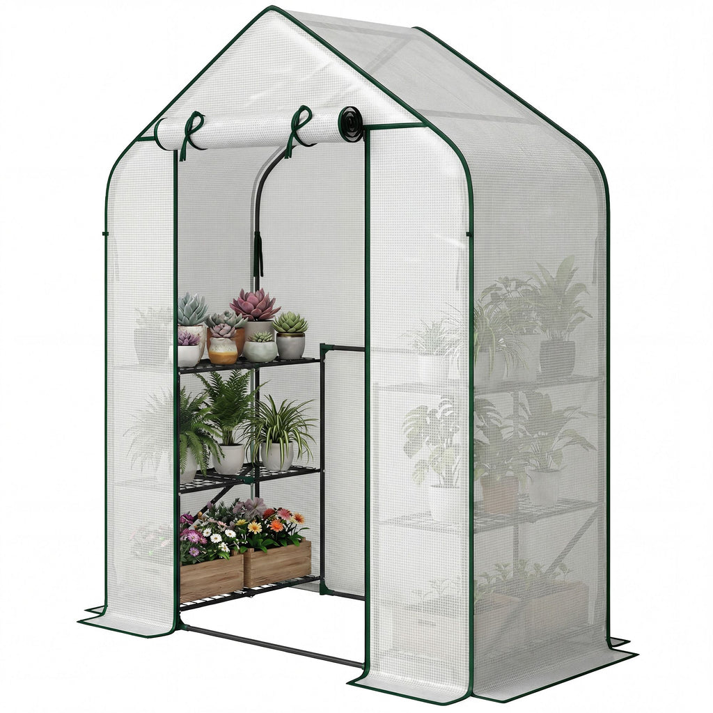 Greenhouse for Outdoors, Portable Greenhouse with 6 Shelves, UV-resistant PE Cover, Roll-up Door, White