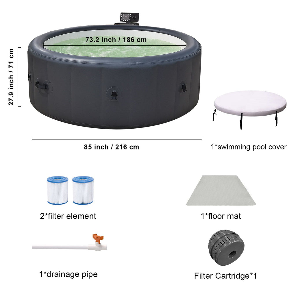 Grey 216* 71cm hot tub. A swimming pool with heating, bubble massage, ambient lighting, filtration, and one click inflation. Home inflatable massage bathtub.