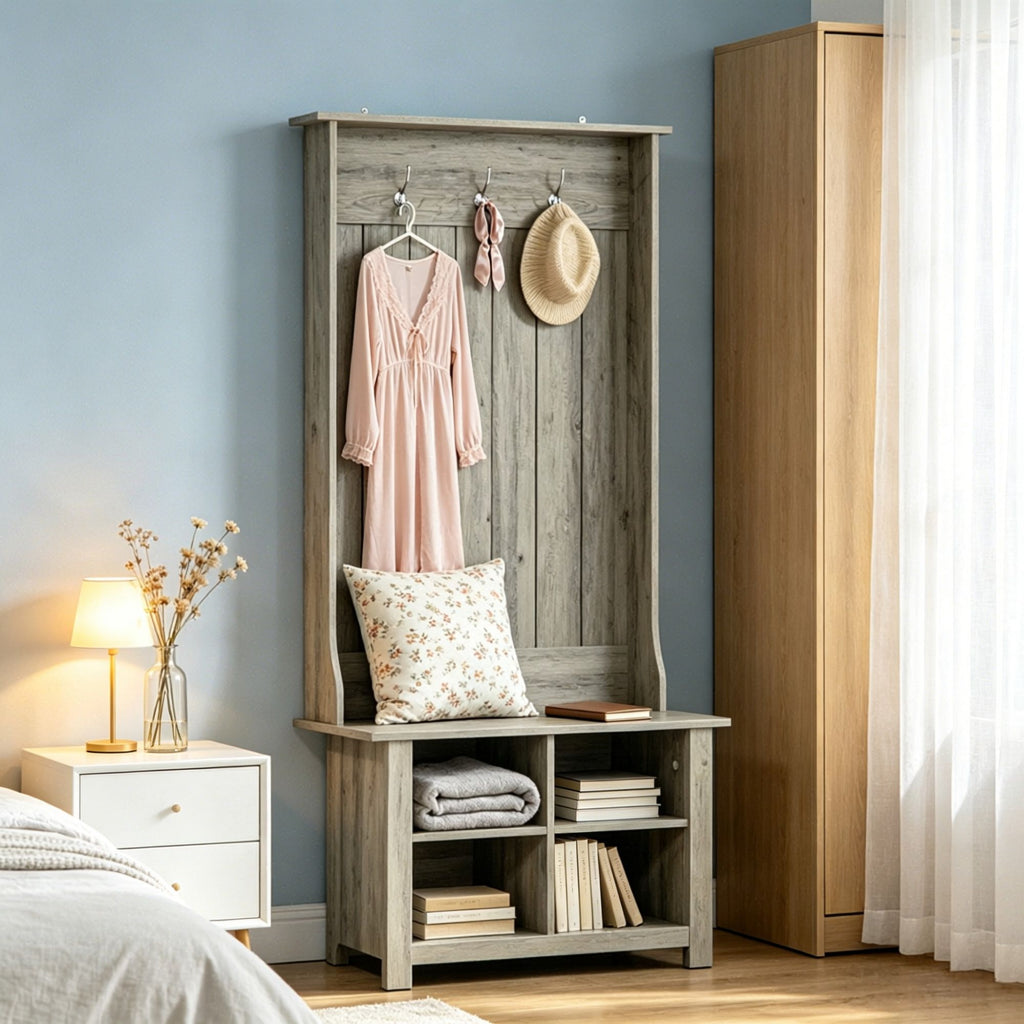 Grey Hall Tree with Shoe Storage Bench Entryway Organizer for Living Room Hall Tree Bench Combination